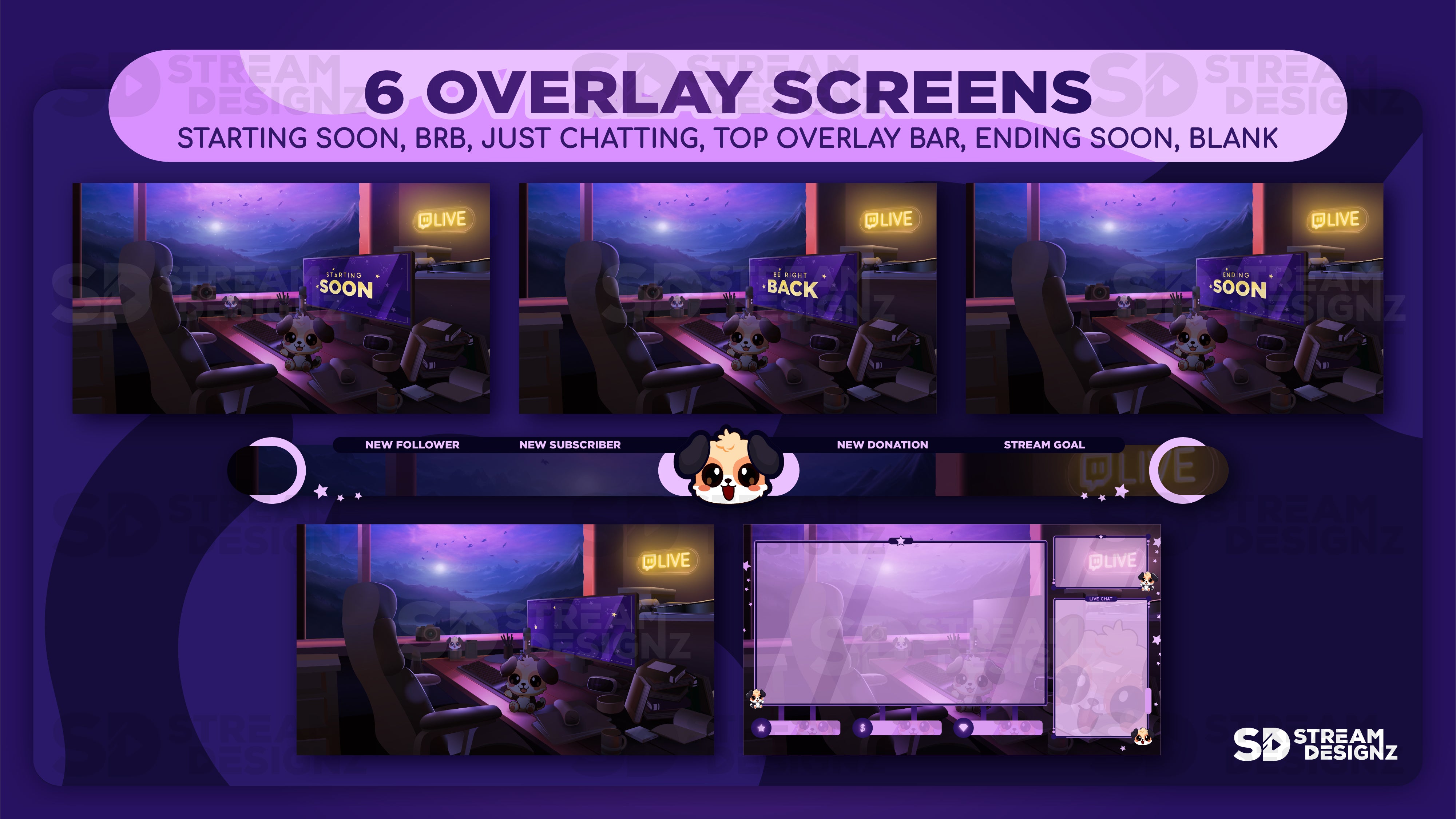 ultimate stream bundle midnight lofi 5 overlay screens stream designz