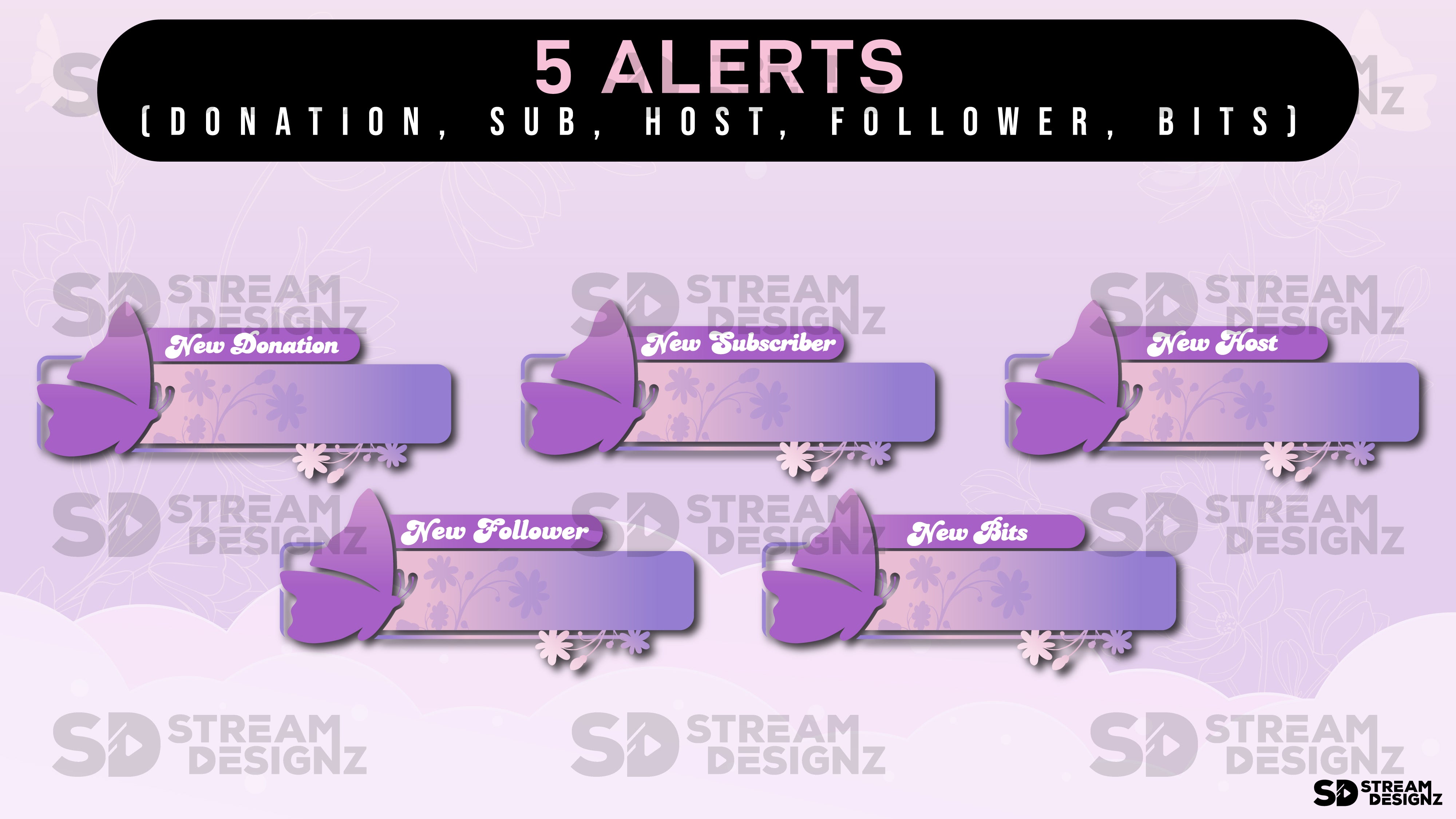 animated stream overlay package - 5 alerts - monarch - stream designz