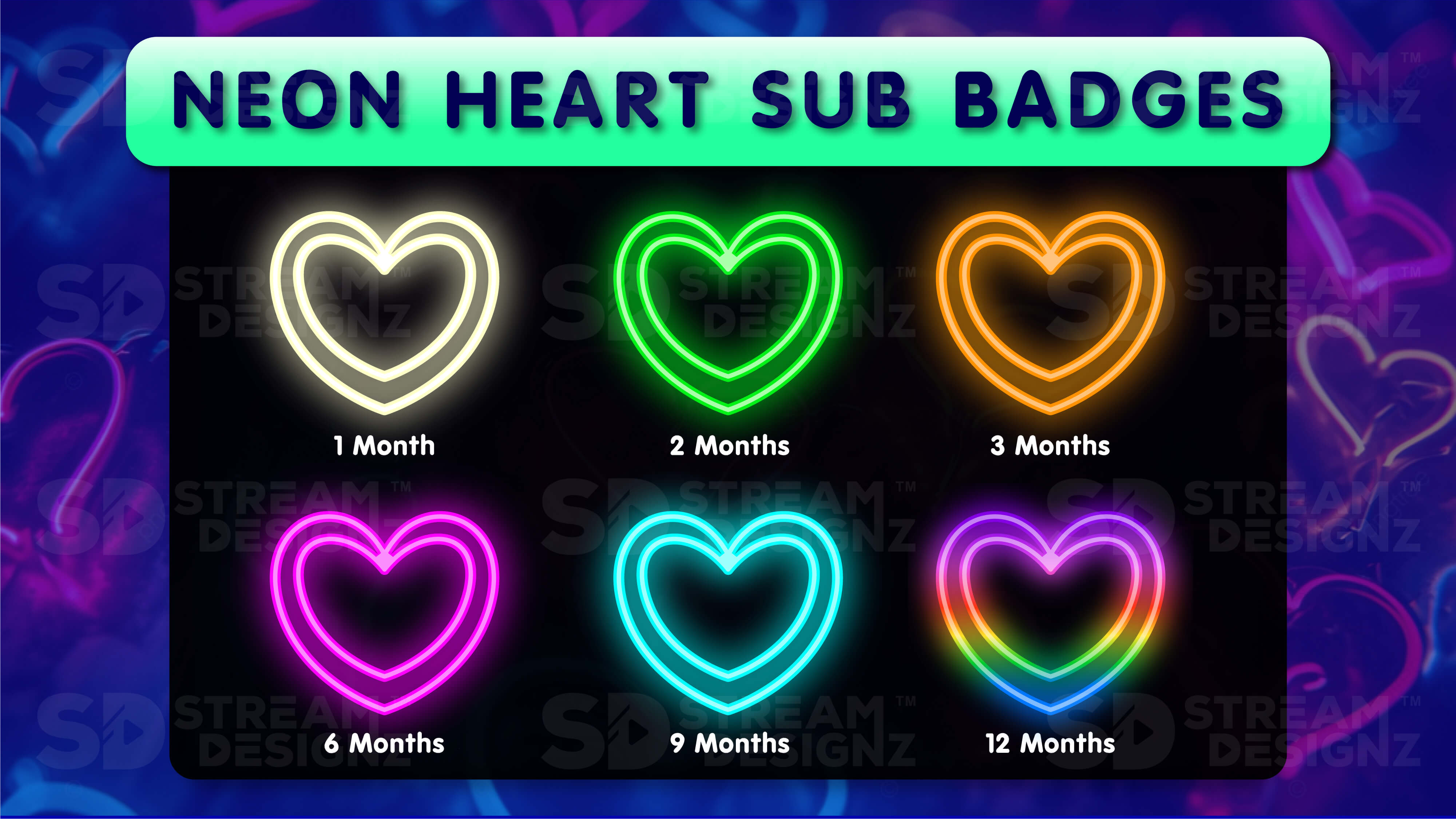 6 pack sub badges preview image neon hearts stream designz