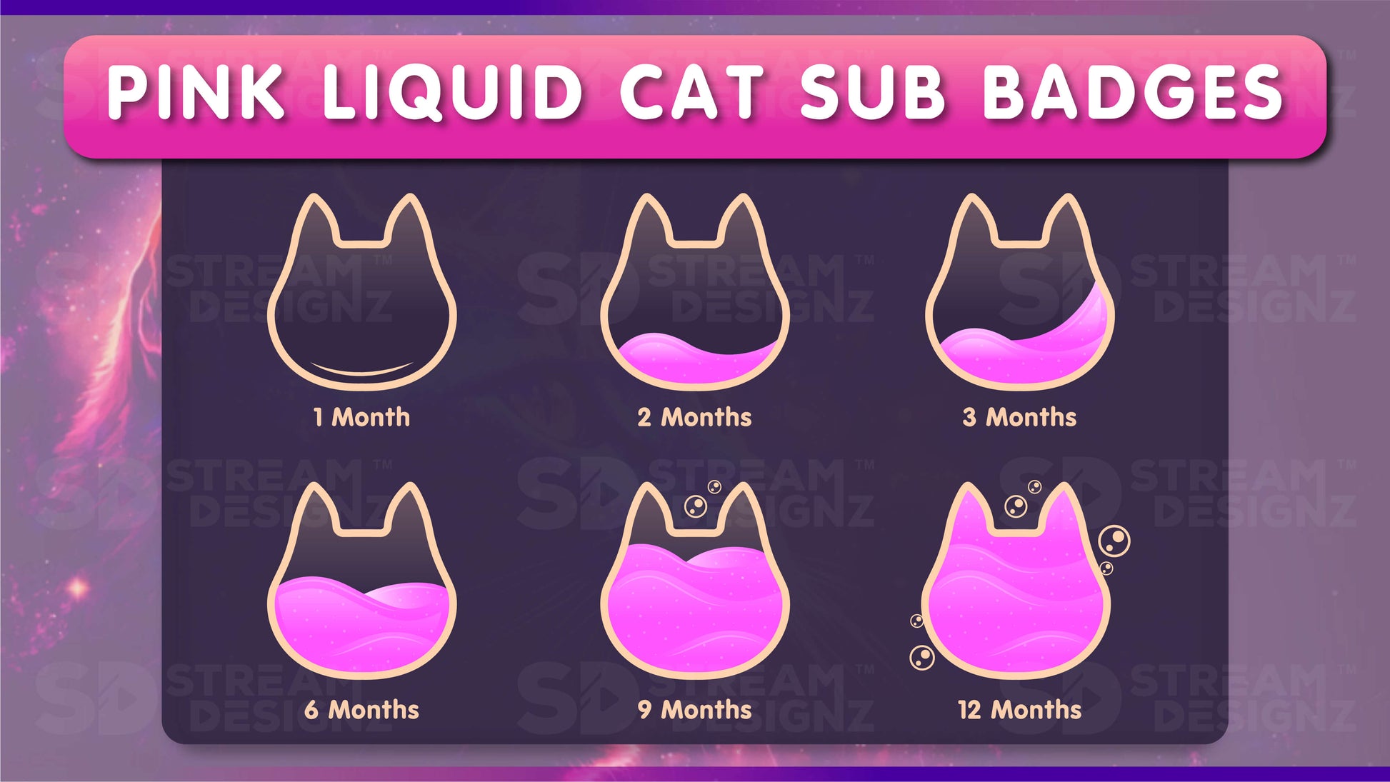 6 pack sub badges preview image pink liquid cat stream designz