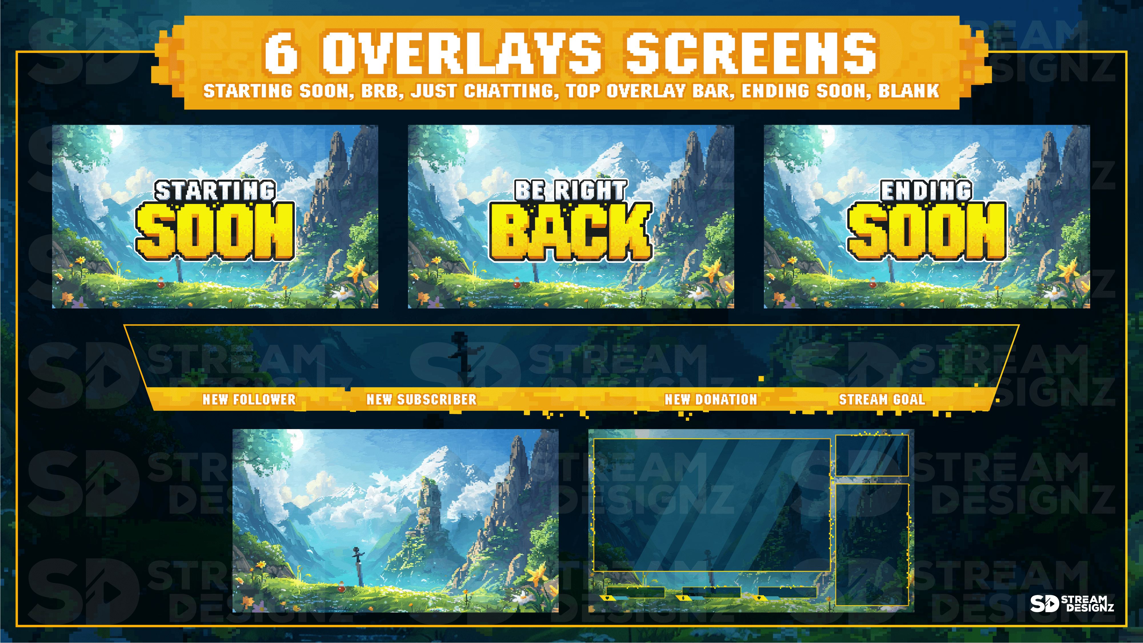 animated stream overlay package 6 overlay screens pixel world stream designz