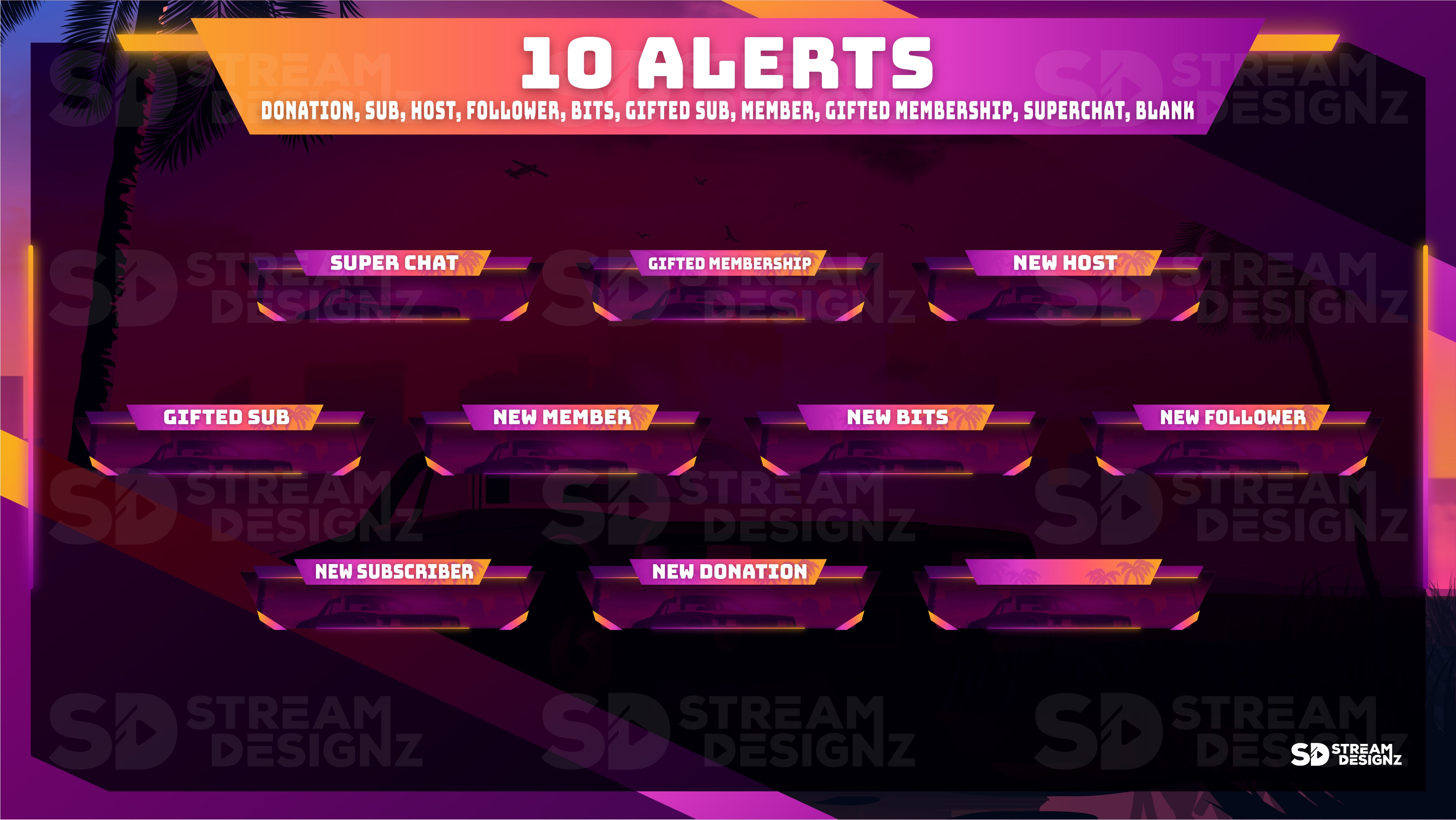 static stream overlay package 10 alerts sunset city stream designz