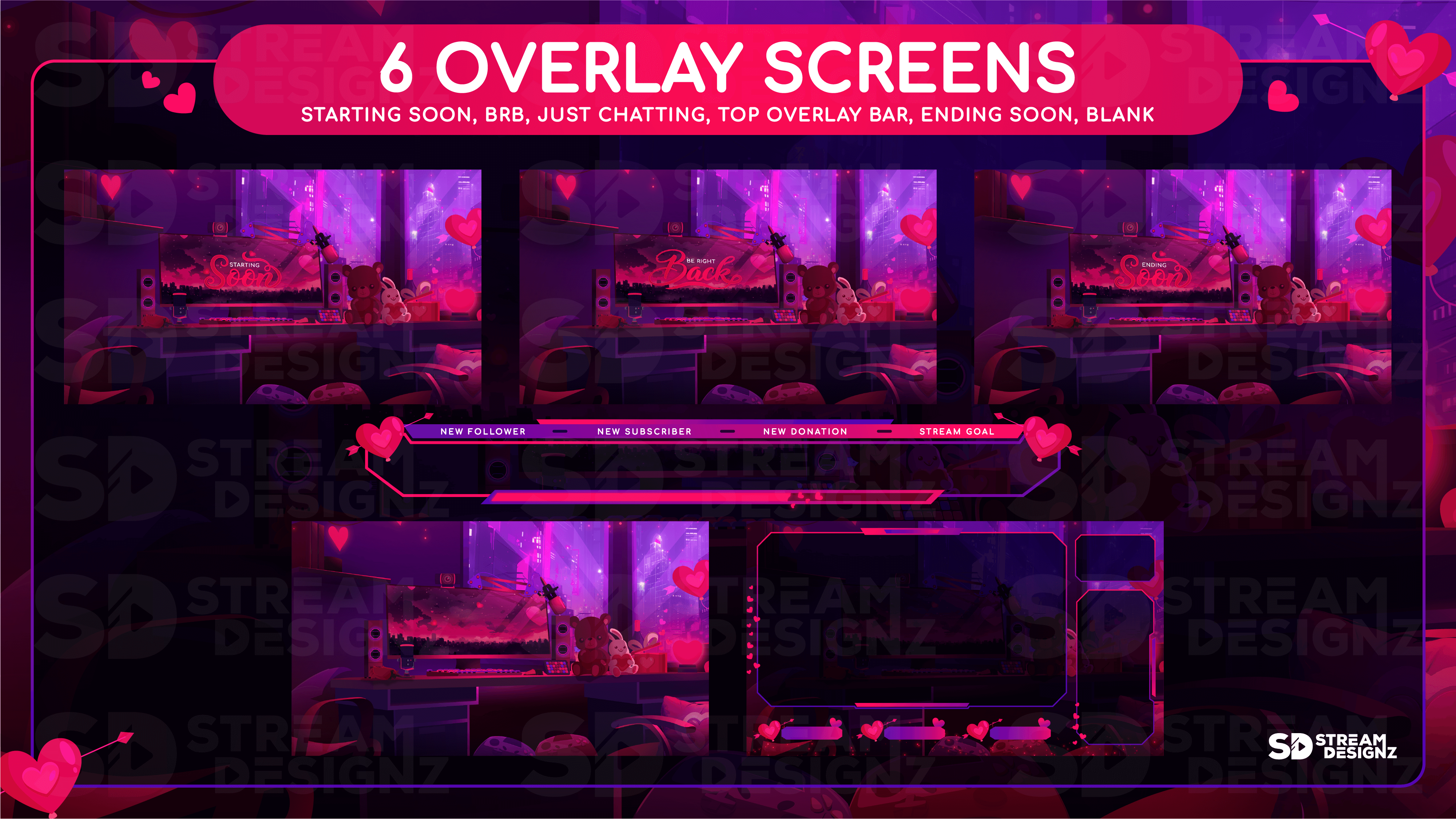 static stream overlay package 6 overlay screens valentine lofi stream designz