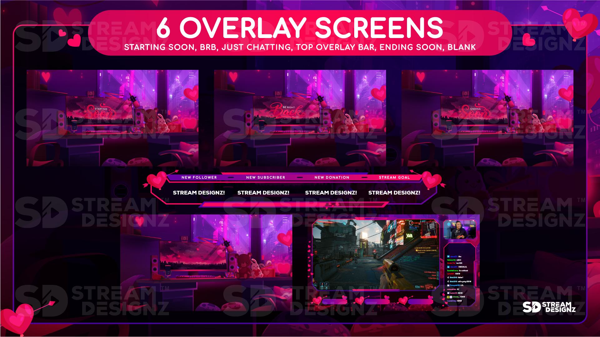 stream overlay package 6 overlay screens valentine lofi stream designz