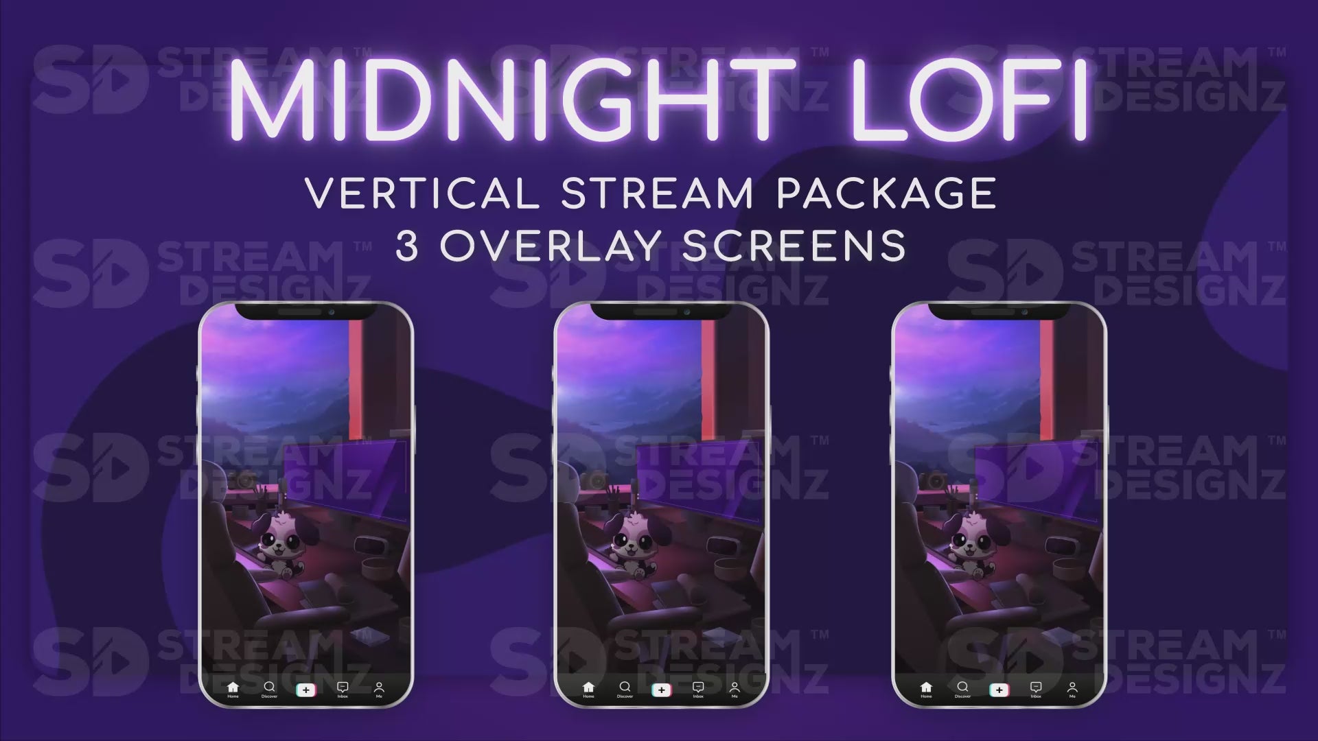 vertical stream overlay package 3 overlay screens midnight lofi stream designz