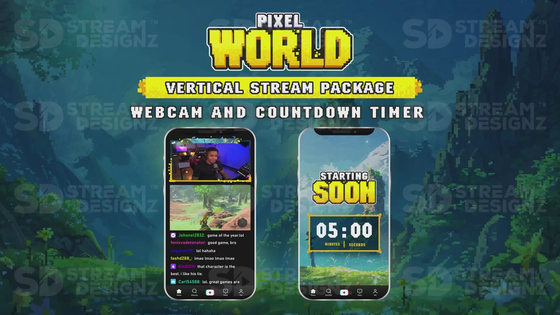 vertical stream overlay package webcam and countdown timer pixel world stream designz