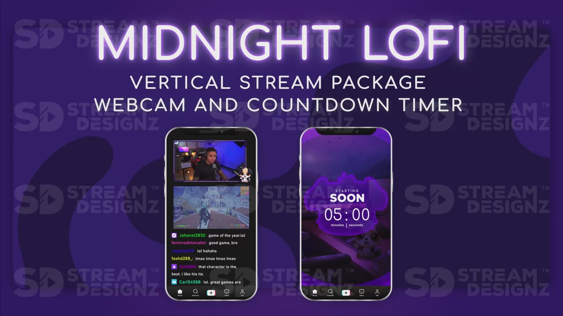 vertical stream overlay package webcam and countdown timer midnight lofi stream designz