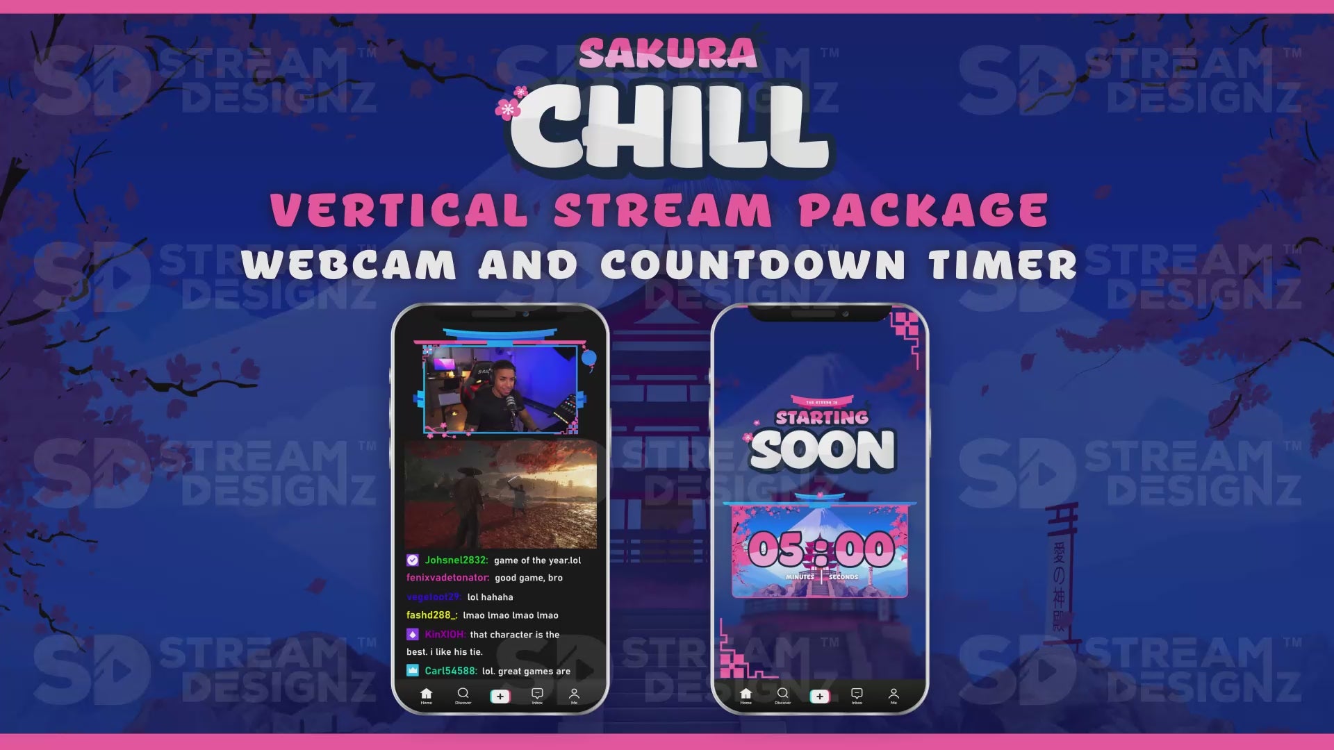 vertical stream overlay package webcam and countdown timer sakura chill stream designz