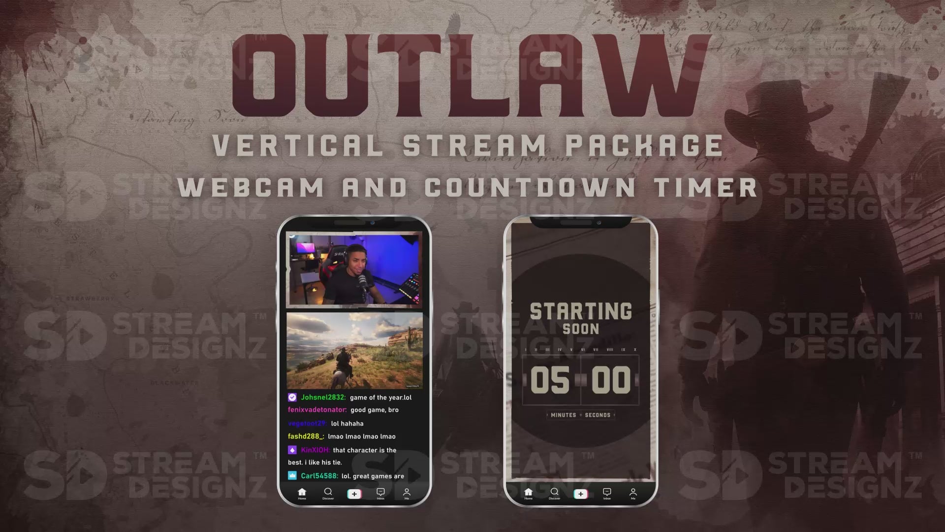 vertical stream overlay package webcam and countdown timer outlaw stream designz