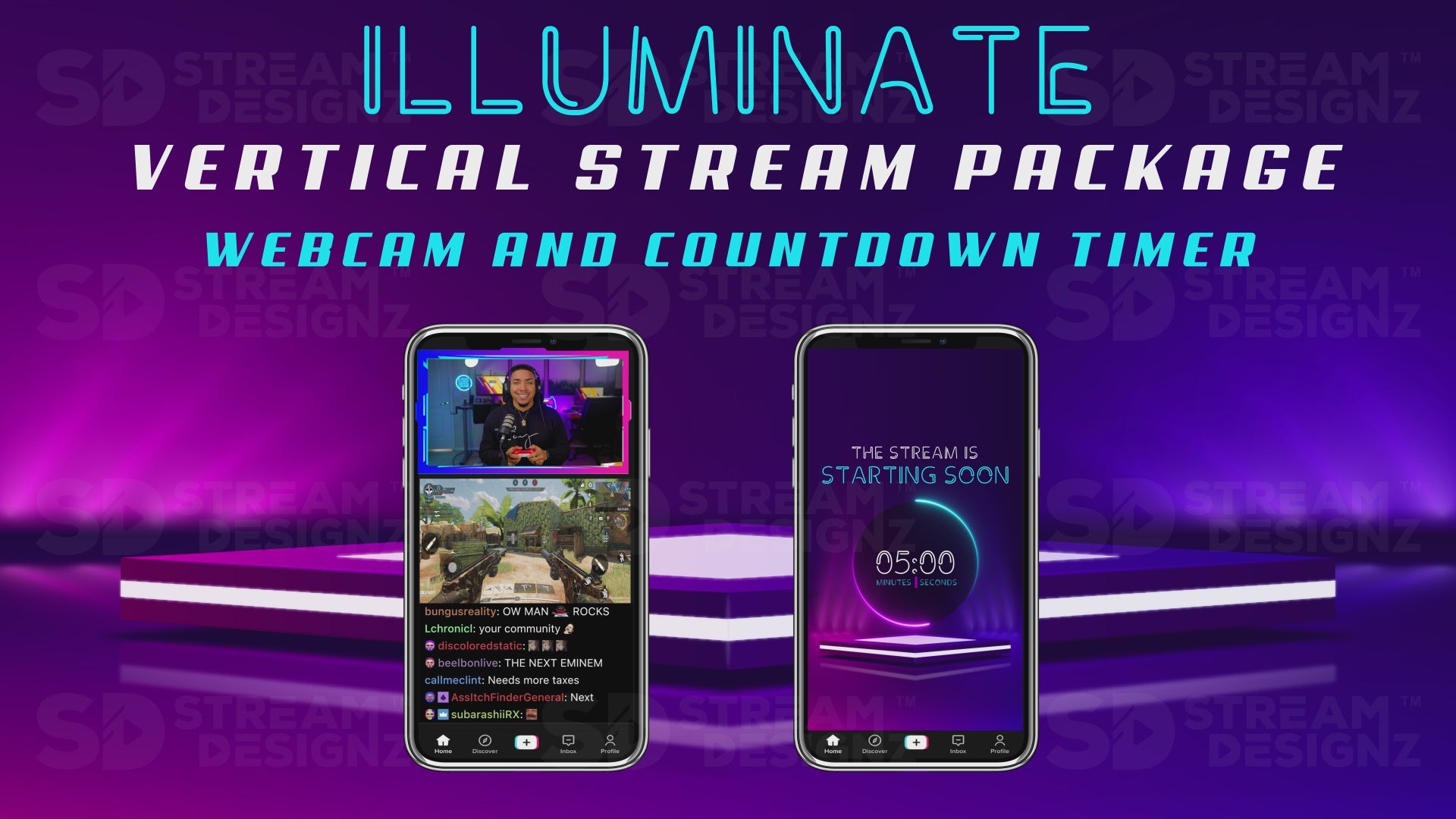 vertical stream overlay package webcam and countdown timer illuminate stream designz