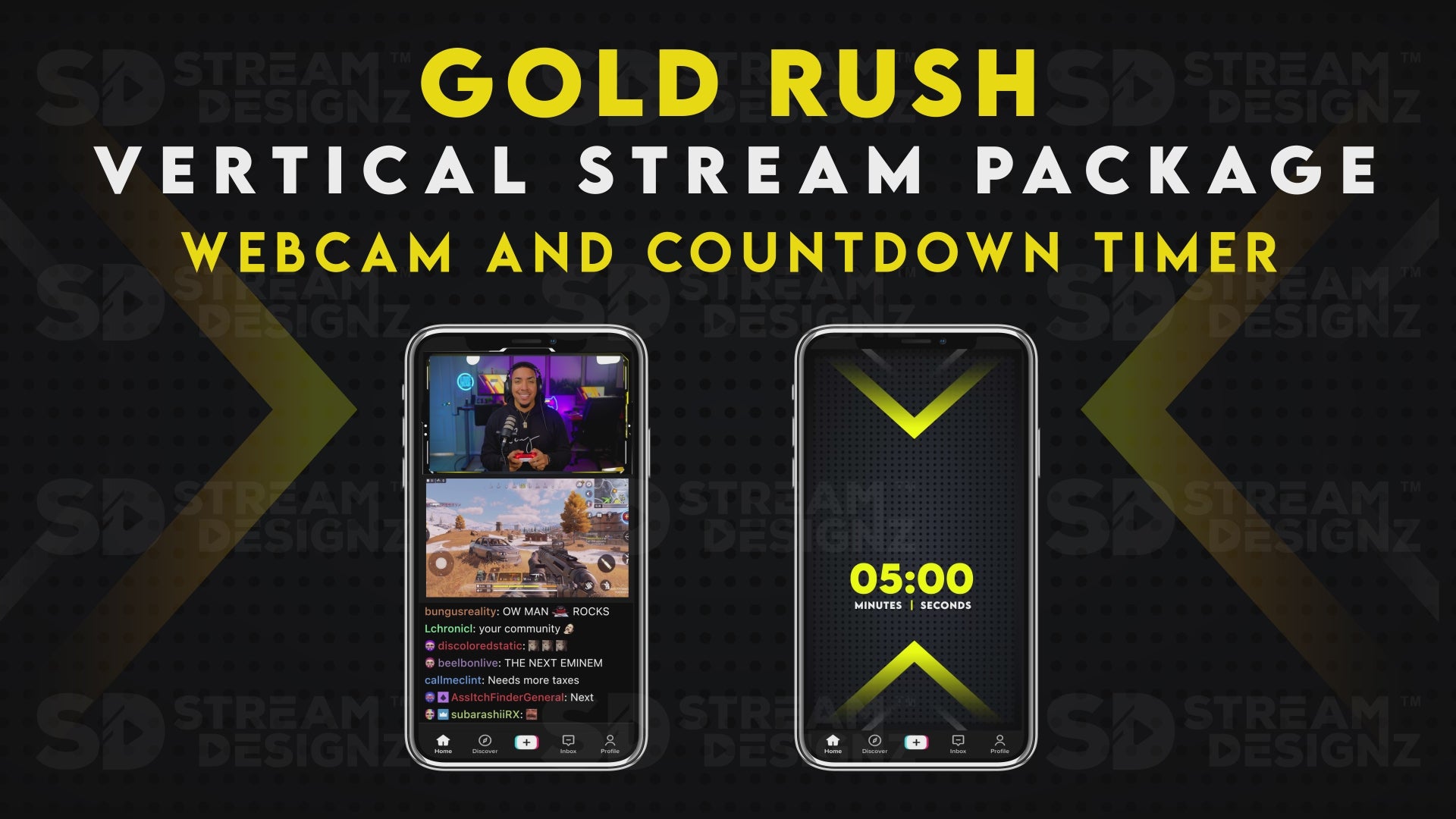 vertical stream overlay package webcam and countdown timer gold rush stream designz