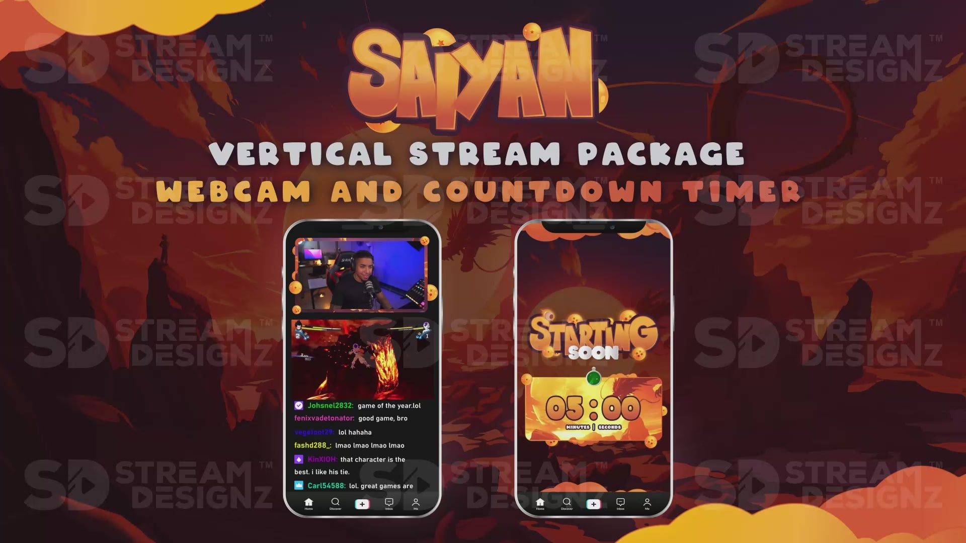 vertical stream overlay package webcam and countdown timer saiyan stream designz