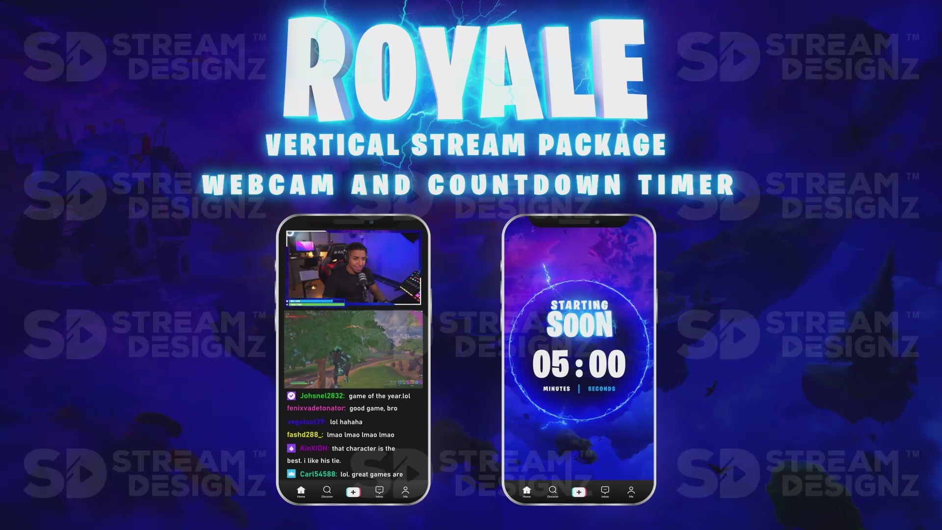 vertical stream overlay package webcam and countdown timer royale stream designz